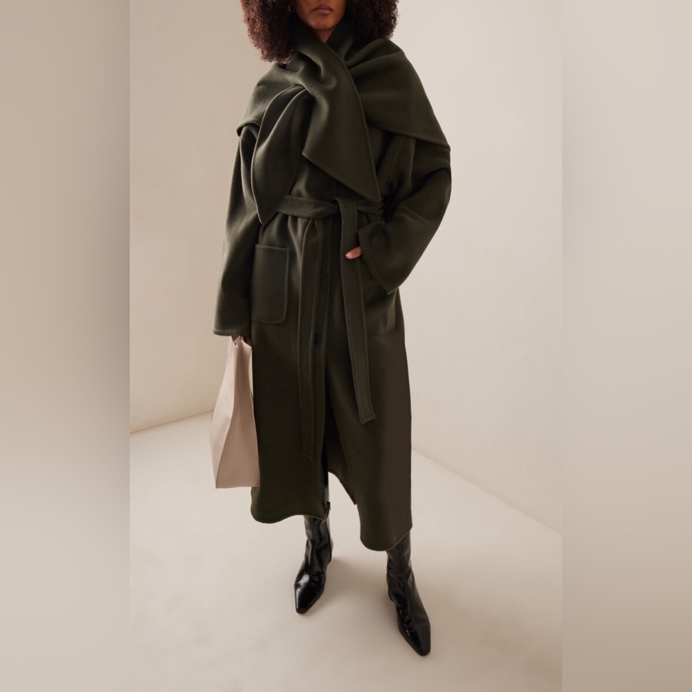 Sea New York Olive Green Wool Pea Coat with Dramatic Shawl Collar